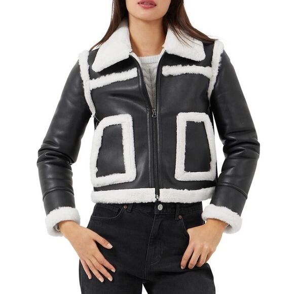 French Connection Faux Shearling Aviator Jacket Black White XL US 12 - Picture 10 of 10